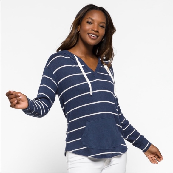 Market & Spruce Kallon Brushed Knit Hoodie Sweatshirt Navy White Kangaroo Pocket - Picture 1 of 10